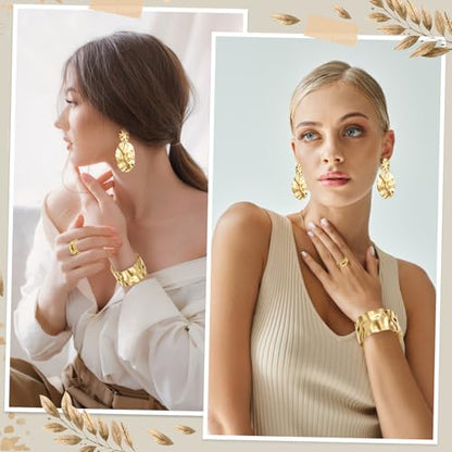 Misdary 3 Pcs Jewelry Gifts Set Bracelets Earrings Ring Cuff Bangle for Women Wedding Birthday Gifts - color: Gold, style: Hammered