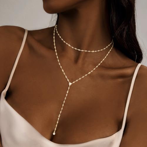 Luxval Lariat Gold Necklace for Women, Dainty Long Necklace 14k Gold Plated/Silver Y-Shaped Pendant Necklaces Trendy Beaded Chain Drop Necklaces Jewelry for Women Gifts - color: Gold-wave cz