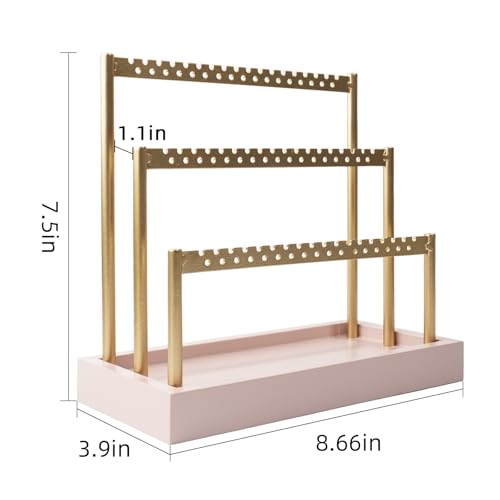 SANY DAYO HOME 3-Tier Earring Holder Organizer Stand, 105 Holes Gold Metal Earring Rack Jewelry Display Tree with Pink Wood Tray for Women and Girls - color: Gold Rack Pink Base