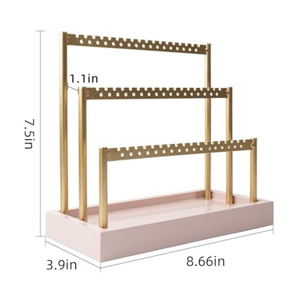 SANY DAYO HOME 3-Tier Earring Holder Organizer Stand, 105 Holes Gold Metal Earring Rack Jewelry Display Tree with Pink Wood Tray for Women and Girls - color: Gold Rack Pink Base