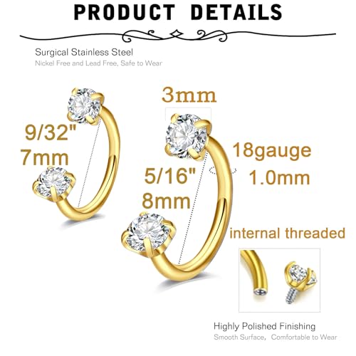 18 Nose Rings Studs Surgical Stainless Steel Hypoallergenic L Shaped Nose Piercing Jewelry for Women Men Silver Black Nostril Hoop Rings 18 Gauge - style: B4 - Horseshoe ring 18g 7mm 8mm gold