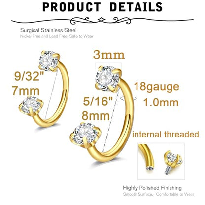 18 Nose Rings Studs Surgical Stainless Steel Hypoallergenic L Shaped Nose Piercing Jewelry for Women Men Silver Black Nostril Hoop Rings 18 Gauge - style: B4 - Horseshoe ring 18g 7mm 8mm gold