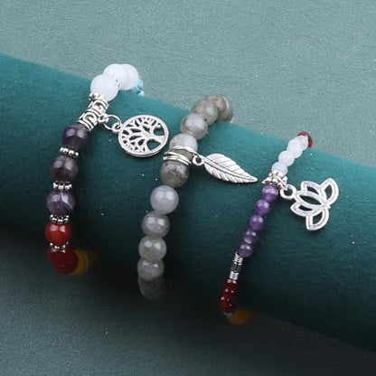 Tree of Life Yoga Healing Stone Bracelets,Multilayer Lotus Chakra Stone Reiki Bracelet Sets,Anxiety Crystal Natural Stone,for Women Stress Relief - style: Chakra+White labradorite