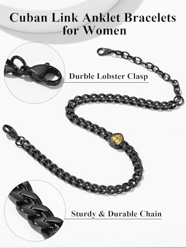 ChainsHouse Cuban Chain Anklets for Women with Heart Birthstone Jan - Dec | Stainless Steel Black Link Chain Ankle Bracelet with Birthstone, Beach Women Anklet 22cm-27cm Adjustable, with Gift Box - color: 05. May-Emerald-Black