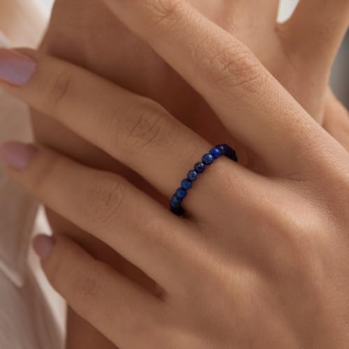 NLIEO Handmade Natural Gemstone Crystal Beaded Stretch Band Ring for Women | Handmade, 3mm Natural Stone, Size 7-12, Stretchy, Beaded Jewelry, Green Bead Rings, Trendy Jewelry Gift - style: Lapis Lazuli