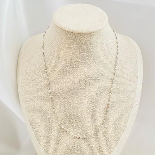 Gold Silver Necklace Chain With Adjustable Lobster Clasp, Diamond Cut Geometric Gold Beads Stationed on Dainty 2mm Cable Box Chain, 16 Inches Rolo Oval Figaro Link Singapore Chain. - color: Silver03