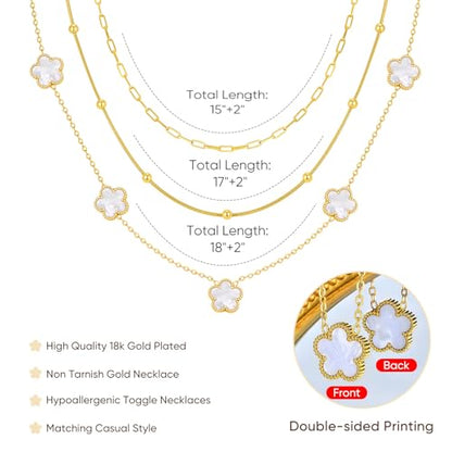 MPRAINBOW Gold Layered Necklace for Women - 3Pcs 18K Gold Plated Floral Necklaces, Stainless Steel Stackable Cuban Link Chain Non Tarnish Trendy Jewelry, Herringbone Chains Christmas Birthday Gifts - color: White 01