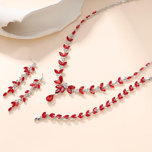EVER FAITH Marquise Crystal Leaf Bridal Prom Jewelry Set for Women Bride | Rhinestone Wedding Party Necklace Dangle Earrings Tennis Bracelet, for Bridesmaid - color: Red