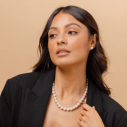 PAVOI 925 Sterling Silver Round Simulated Shell Pearl Necklace Strand | Pearl Choker Necklace | Jewelry for Women - size: 18 Inches, style: 10mm