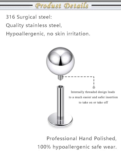 Internally Threaded Labret Studs 18G 16G 14G Surgical Steel Lip Piercing Jewelry with Claw Tool Monroe Snake Bite Jewelry Flat Back Barbell for Women Men Plus Piercing Ball Grabber Tool - color: silvertone, size: 14g,ball end