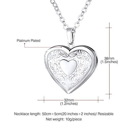 U7 Women Locket Necklace, Heart Photo Lockets Hold Picture, Gift Box Packed | Gold/Silver/Rose Locket Charm, Custom Picture and Engravement Heart Pendant, 20" Chain, Personalized Gift for Mom Wife Friend - color: 01# (Hot!)Platinum Heart