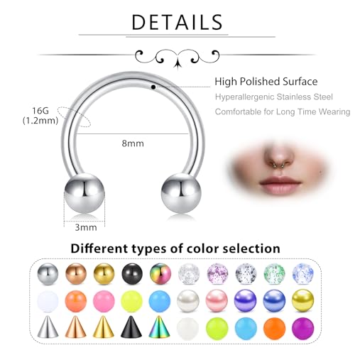 D.Bella 16G 18G 20G Horseshoe Septum Rings Surgical Steel Nose Piercing Jewelry Cartilage Helix Tragus Earring Hoop Eyebrow Lip Retainer for Women Men 6mm 8mm 10mm 12mm - color: 16G-8MM-40 Pcs