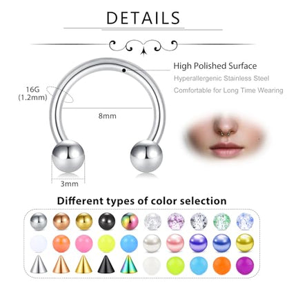 D.Bella 16G 18G 20G Horseshoe Septum Rings Surgical Steel Nose Piercing Jewelry Cartilage Helix Tragus Earring Hoop Eyebrow Lip Retainer for Women Men 6mm 8mm 10mm 12mm - color: 16G-8MM-40 Pcs