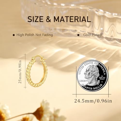 14K Gold Hoop Earrings for Women Thick Large Earrings Lightweight | Gold Plated Huggie Earrings for Women Hypoallergenic (with Gift Box) - color: Twisted-25MM