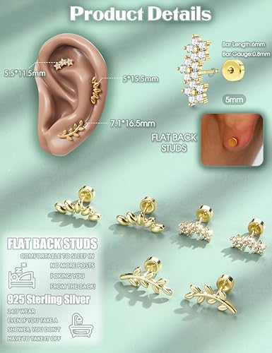 925 Sterling Silver Flat Back Stud Earrings for Women Hypoallergenic | 14K Gold Plated Cartilage Earrings for Sensitive Ears | Leaf Flower CZ Helix Tragus Piercing Jewelry - color: G-StyleA