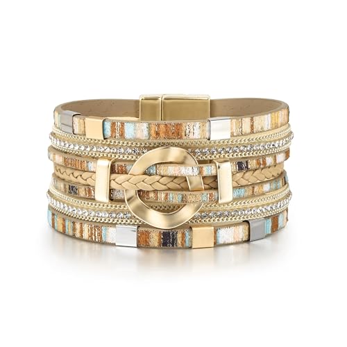 Edoneery Leather Wrap Bracelets for Women, Boho Layered Cuff Bangle | Multi-layer Leather Cuff, Daily wear, Stackable Bangle, Easy on-off, Western Jewelry Gifts for Women - color: Boho-2