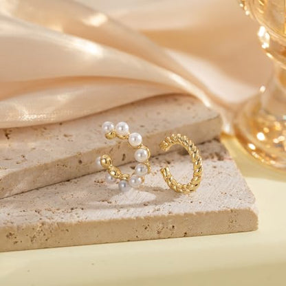 OOOPEL 3 Pairs 14K Gold Plated Ear Cuffs Non Piercing Lightweight Stackable Chunky Earring Cuff for Women Adjustable Non-Fading Fake Earrings Suitable for Christmas Gift - style: Pearl