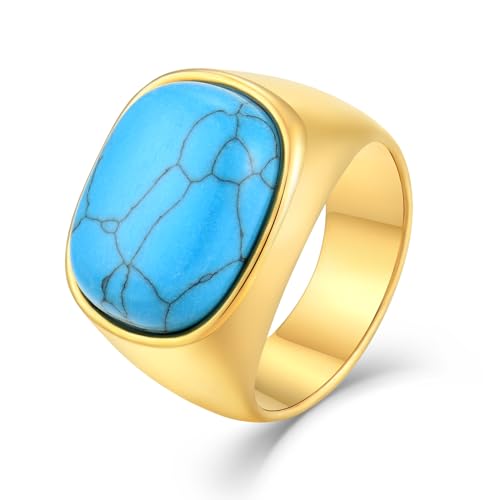 Men's Tiger Eye Square Signet Ring Stainless Steel Thumb Rings with Natural Stone for Men Jewelry Gift for Him, Size 7-12 - color: 03,Gold-turquoise