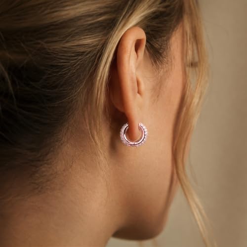 Gokeey Cubic Zirconia Hoop Earrings for Women, Sterling Silver Plated Small Huggie Hoops CZ Pave Chunky Thick Earrings Non Tarnish Hypoallergenic Lightweight Jewelry April Birthstone Gifts - color: Rose Gold