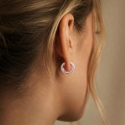 Gokeey Cubic Zirconia Hoop Earrings for Women, Sterling Silver Plated Small Huggie Hoops CZ Pave Chunky Thick Earrings Non Tarnish Hypoallergenic Lightweight Jewelry April Birthstone Gifts - color: Rose Gold
