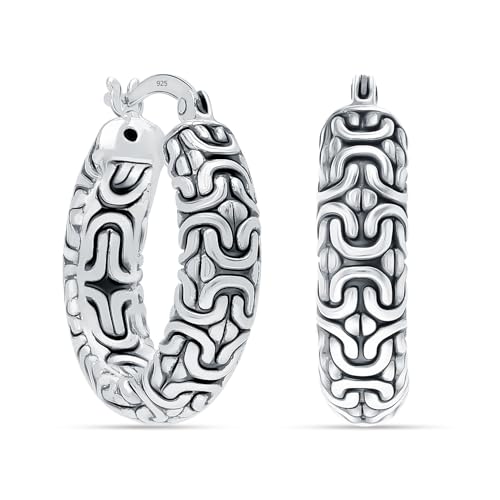 LeCalla Byzantine Earrings for Women | 925 Sterling Silver Byzantine Earrings | Antique Oxidized Click-Top Round Thick Hoop Earrings for Women - style: Bali-Style Filigree