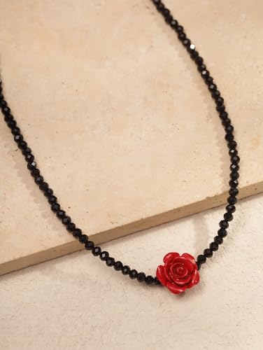 Sacina Red Rose Beaded Crystal Choker Necklace, Goth Emo Punk Grunge Necklace, Christmas Jewelry Gift