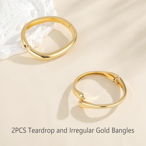Emibele Gold Bangles for Women, 2PCS Irregular Chunky Gold Bracelet Hinged Open Bangle Bracelets for Women, Fashion Wide Arm Cuff Minimalist Chunky Jewelry Gifts for Valentine Christmas Birthday - style: M Gold
