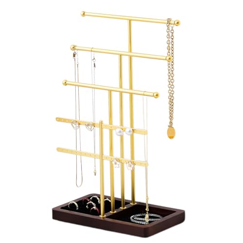 modern T-shaped jewelry rack, jewelry tower, gold metal, square ceramic base decoration display tower, necklace, bracelet, ring storage rack (4-layer wooden pallet black) - style: 4-layer wooden pallet black
