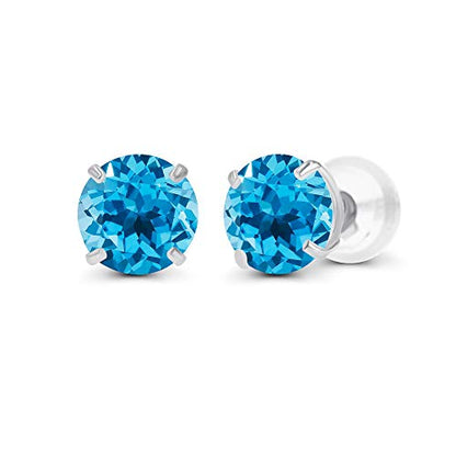 Solid 14K Yellow, White or Rose Gold 4mm Round Genuine Gemstone Birthstone Prong Set Stud Earrings For Women - color: Blue Topaz-Swiss Blue Topaz