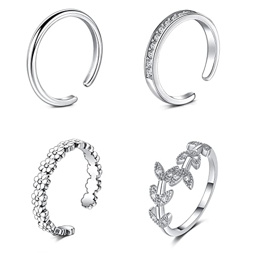 JFORYOU Toe Rings for Women Adjustable Open Toe Rings with Anklet Set CZ Flower Toes Ring for Summer Beach Foot Jewelry - color: 4pcs-silver toe rings