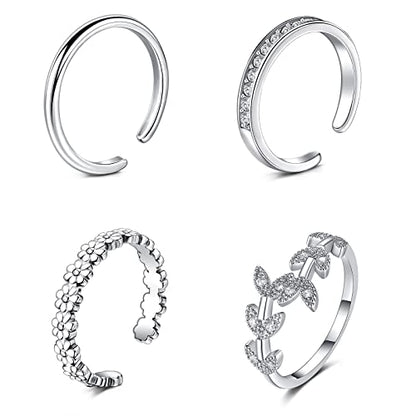 JFORYOU Toe Rings for Women Adjustable Open Toe Rings with Anklet Set CZ Flower Toes Ring for Summer Beach Foot Jewelry - color: 4pcs-silver toe rings