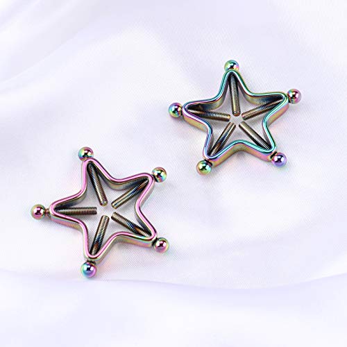 1 Pair Adults Non-Piercings Nipple Shield Adjustable Body Piercing Geometric Stars Nipple Clamp Ring Body Jewelry - color: #1 Rainbow Color