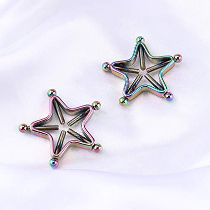 1 Pair Adults Non-Piercings Nipple Shield Adjustable Body Piercing Geometric Stars Nipple Clamp Ring Body Jewelry - color: #1 Rainbow Color