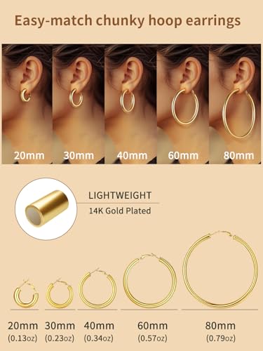 FindChic Hoop Earrings for Women, Silver/Black/14K Gold Plated Hypoallergenic Hollow Round Tube Loop Earrings, 20mm/30mm/40mm/60mm/80mm Chunky Hoops with Custom Name Options & Gift Box - color: c.Gold, size: 20MM