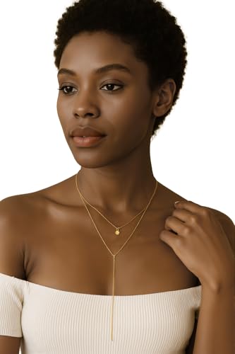 14K Gold Plated Y Necklace for Women – Dainty Lariat Long Pendant Chain, Layered Drop Necklace for V Neck Dress, Simple Sexy Cleavage Jewelry Gifts for Women - color: Gold - Double layer - Bell
