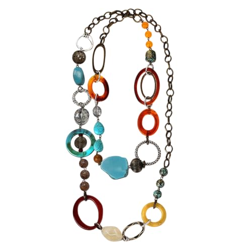 NewZenro Turquoise Colorful Beaded Long Strand Chain Necklaces for Women | Boho Layered Geometric Circle Resin Wooden Beaded Statement Necklace