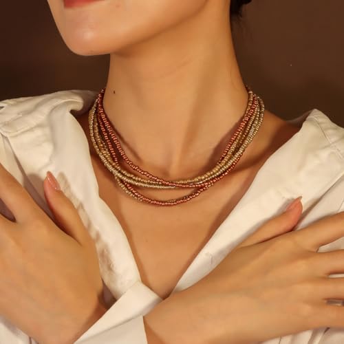 Colorful Multi-layered Seed Beaded Necklace Choker For Women Bohemian Handmade Crystal Stone Gemstone Hawaiian Necklace Holiday Birthday Summer Beach Jewelry Gift - color: Brown