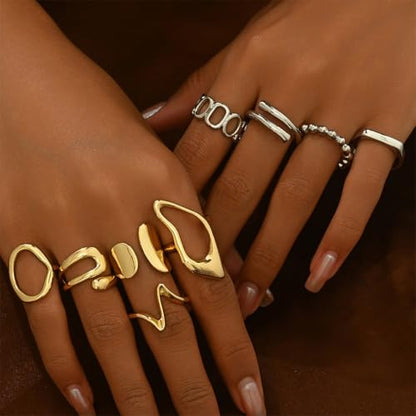 9Pcs Dainty Chunky Gold Knuckle Rings Set Stackable for Women, Statement Thick Hollow Oval Huggie Wavy Mixed Metal Joint Midi Finger Open Ring Pack Jewelry