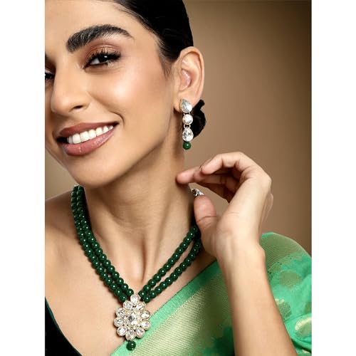 Aheli Wedding Faux Kundan Pendant Beaded Necklace Earrings Set Bollywood Indian Bharatanatyam jewellery set Gift for Women - color: Green