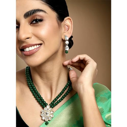 Aheli Wedding Faux Kundan Pendant Beaded Necklace Earrings Set Bollywood Indian Bharatanatyam jewellery set Gift for Women - color: Green