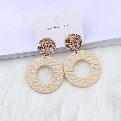 Boho Acrylic Geometric Round Braided Drop Dangle Earrings for Women - color: Beige