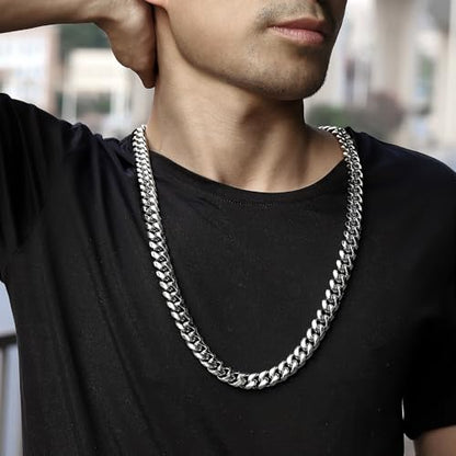 ROWIN&CO Miami Cuban Link Chain for Men 15mm Silver Stainless Steel Curb Necklace, Hip Hop Jewelry, Durable & Anti-Tarnish Mens Chain 18" 20" 22" 30" Inch, Pops Gifts For Fathers Boyfriends, Sons - size: 18 inch
