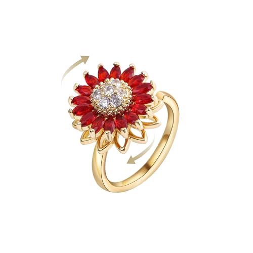 Sunflower Fidget Ring for Women Gold Anxiety Crystal Rings Cubic Zirconia Sunflower Open Adjustable Fidget Ring Spinner Sun Ring for Men Trendy Jewelry - color: Red