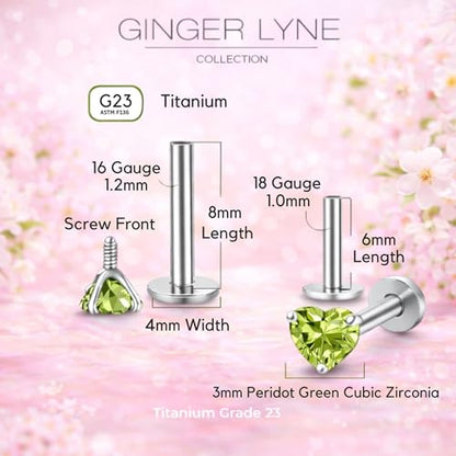Titanium Heart CZ Labret Stud Earrings for Piercings by Ginger Lyne 6Pc Set G23 Screw Front Flat Back Body Jewelry 2 pair post 6mm, 8mm Cartilage, Helix, Tragus, Lip, Conch, Lobe - color: 3mm-PeridotGreen