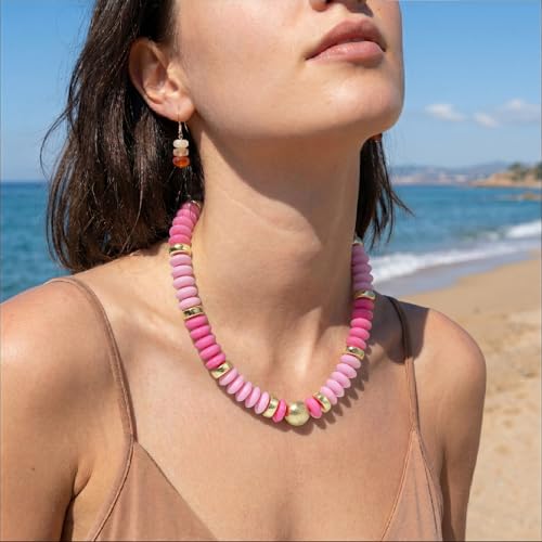 RISHEGAE Chunky Beaded Necklace for Women Boho Resin Beaded Choker Necklace Adjustable Surfer Beach Strand Necklaces Gold Handmade Acrylic Beads Jewelry Gift for Women - color: Style 4pink