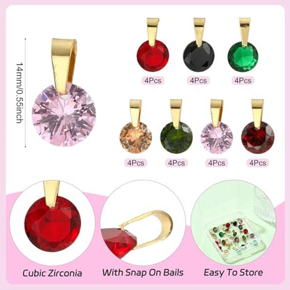 Cheriswelry 28 pcs Cubic Zirconia Charms 14mm Round Colorful Birthstone Pendants Crystal Stone Rhinestone Tiny Dangle Charms for Jewelry Making Necklace Earring Bracelet DIY Craft