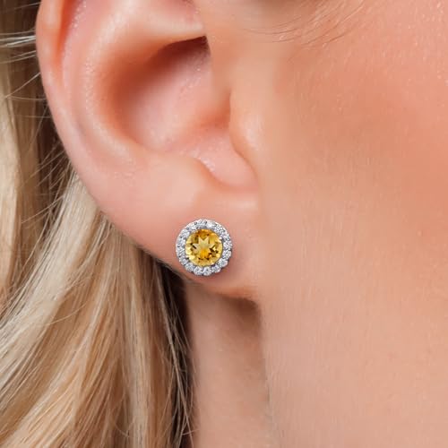 Gem Stone King 14K White Gold 6MM Round Gemstone Birthstone Stud Earrings with Removable Jackets and Lab Grown Diamond Accents | Gold Earrings For Women | Fine Jewelry Gift for Her Mom Women Wife - color: Citrine-November