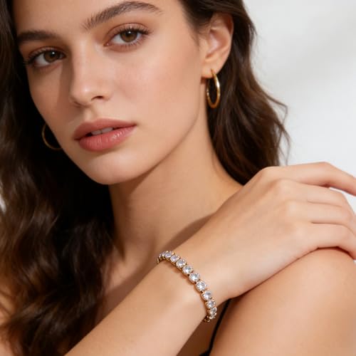 GulCean 14K Gold Plated 4mm Cubic Zirconia Classic Tennis Bracelet Copper CZ Charm Iced Out Tennis Bracelet for Women Men Size 6.7inch 7.5 inch - color: Gold, size: 6.7inch(17cm)