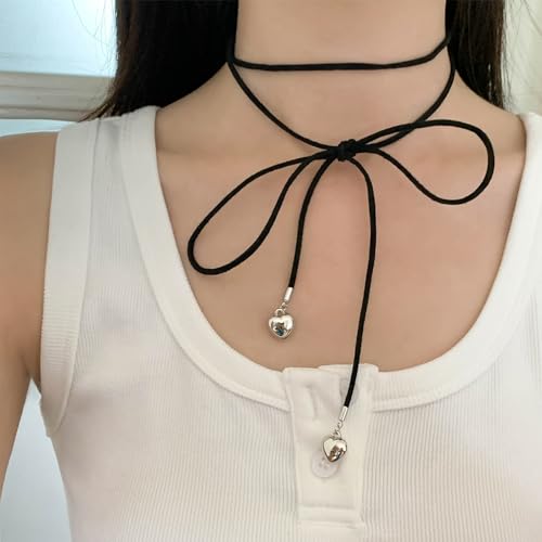 Sexy Bow-knot Choker Necklace for Women, Velvet Tie Neck Gothic Long Wrap Rope Collar Tie Red Chocker Ribbon Suede necklace Accessories for Party Prom - color: black-heart pendant