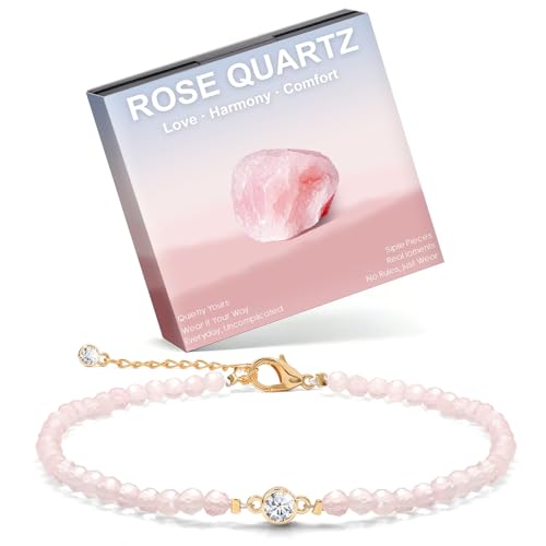 Raicegs Anklets for Women Handmade Beach Boho Ankle Bracelet 3mm Natural Stone Beaded Ankle Bracelet 14K Gold Plated Zircon Pendant Adjustable Crystal Gemstone Anklet Jewelry Gift for Her - color: Rose Quartz